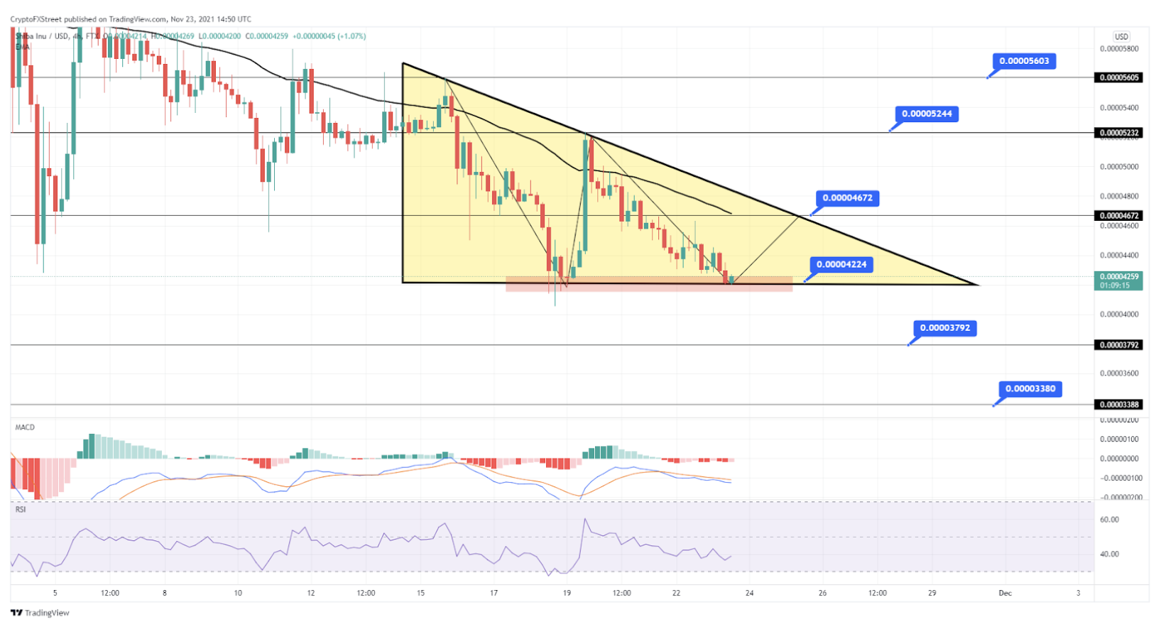 Shiba Inu (SHIB) 4-hour timeframe - Descending Triangle Pattern 